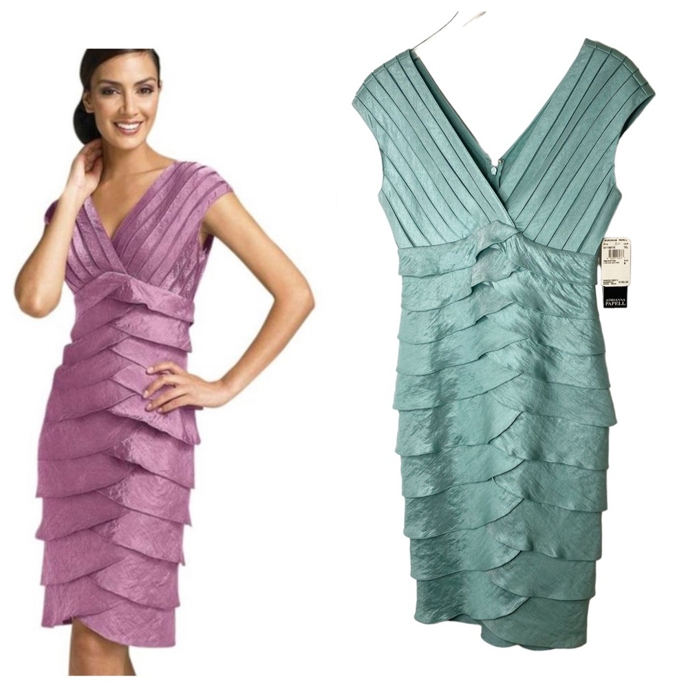 NWT Adrianna Papell Teal Lyrd Tiered Shutter Pleats Cap Sleeve Sheath Dress 6